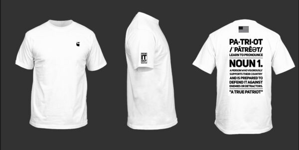 Three views of Patriot t-shirt in white color
