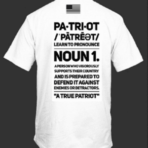 A white tshirt with the word patriot on it with black background