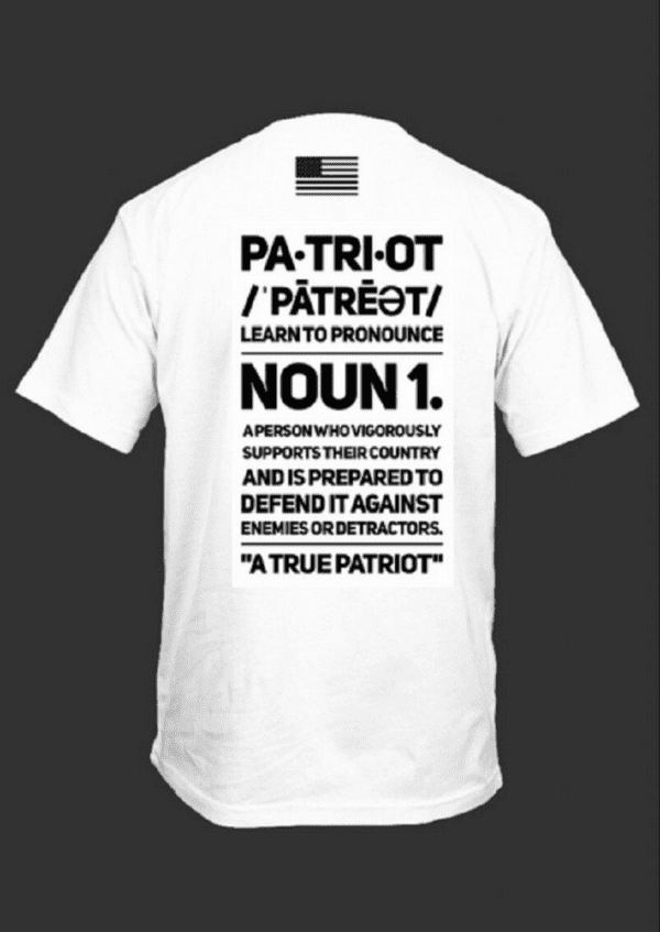 A white tshirt with the word patriot on it with black background